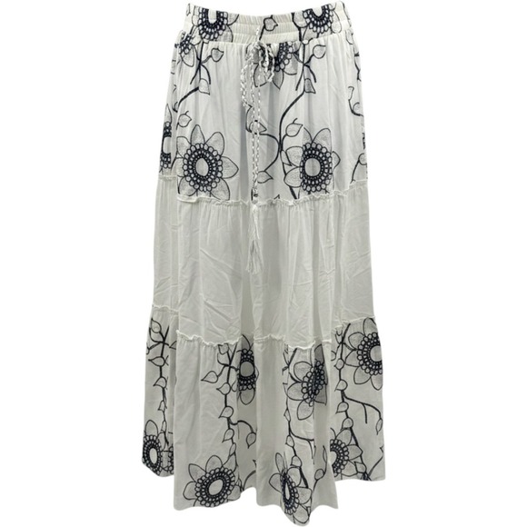 Mermaid Fashion Dresses & Skirts - Mermaid Fashion Womens White Navy Blue Floral Embroidered Tiered Maxi Skirt M